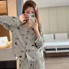Pijama de Manga Larga y Pantalón Largo de Canalé de Seda Helada Nuevo para Primavera y Otoño para Mujer, Cuello en V, Dibujos Animados, Holgado, Lindo, Ropa de Casa para Mujer