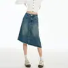 Saia Midi Jeans Desfiada Irregular de Corte A 2026 Novo Design Primavera/Verão, Saia Emagrecedora e Versátil