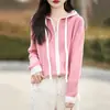 Novo Cardigã Suéter com Capuz 100% Lã Pura Feminino Top Solto Zíper Capuz Cor Contrastante Jaqueta Tricot Lazy