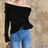 Deseo Puro Cuidado Fuera del Hombro Camiseta Base de Punto para Mujer, Suéter Grueso de Otoño e Invierno con Diseño Único y Mangas Largas