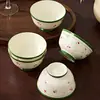 Conjunto de louça de cerâmica de cereja pequeno com borda verde vintage, tigelas de arroz domésticas, pratos, pratos de peixe, pratos de salada e tigelas