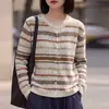 Cardigã de malha jacquard bicolor para mulheres, novo suéter versátil listrado de gola redonda para outono e inverno, blusa jaqueta de corte solto