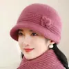 Sombrero de Lana de Ala Ancha para Mujer Otoño/Invierno Cálido con Piel de Conejo a Prueba de Frío para Exteriores para Madres y Abuelas de Mediana Edad y Mayores con Gorro de Punto de Forro Polar Adicional