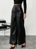 Pantalones Negros de Cuero de Cintura Alta Estilo Europeo y Americano Pantalones de Pierna Ancha Amazon Adelgazantes de Piel Sintética Pantalones Largos Sueltos para Mujer