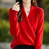 24 outono e inverno nova moda coreana manga longa cruz gola V solto pulôver suéter de lã pura suéter feminino top quente