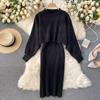 Moda Otoño e Invierno Suéter Blusa de Media Altura Holgado con Mangas de Murciélago Vestido de Cadera de Dos Piezas con Cinturón de Tirantes