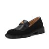 Mocassins de camurça de vaca estilo britânico costurados 2024 primavera pequena fivela dourada salto médio grosso bico redondo couro genuíno boca profunda flats
