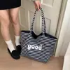 Bolso de Hombro Rayado Simple Estilo Coreano con Letras, Bolso Tote de Gran Capacidad, Bolso de Lona Portátil de Doble Cara, Bolso de Viaje Estilo Perezoso