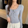 H126 Camiseta Interior de Punto con Lazo Seleccionado Cuidadosamente para Mujer en Otoño e Invierno, Cuello en U Hombro Derecho Ajustado Manga Larga