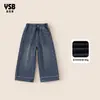 Roupas Infantis Yingsibo Jeans Infantil 2026 Inverno Novo Estilo Calça Reta Forrada com Fleece Calça Wide Leg Retrô Calça Longa para Meninas