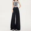 Pantalones de traje a cuadros con retazos de doble cintura azul marino para mujer, verano 2026, finos, estilo americano, holgados, con caída, de pierna ancha, casuales