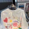 Entrega de una pieza con cuello de bolsa de algodón verano nuevo camiseta holgada de manga corta con estampado de grafiti japonés top nicho para mujer
