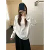 Camiseta t*g manga longa desfiada para mulheres, novo estilo coreano outono 2026, solta, minimalista, versátil, cor sólida, top base gola redonda