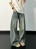 Jeans de perna reta e larga, soltos, com caimento relaxado, lavagem desgastada, calça jeans casual estilo Hong Kong para homens