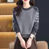 Suéter de Tricô Elegante com Gola Redonda, Afinando a Figura, Mangas Longas e Color Blocking para Figuras Petite - Novo Estilo Primavera e Outono 2025