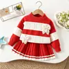 Conjunto de Suéter para Niña Otoño Invierno Nuevo Bebé Niña Lazo Rayas Anchas Tejido Traje Falda Estilo Coreano Moda Vestido Princesa Tendencia