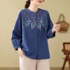 Mãe de meia-idade roupa de primavera camisa de manga comprida algodão linho bordado plus size roupa feminina top camiseta solto emagrecimento cardigã outerwear