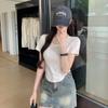 Foto Real # Camiseta de Algodão Puro com Gola U de Manga Curta para Mulheres Novo Estilo Verão 2025 Ombro Direito Assimétrico Design Curto com Barriga Exposta
