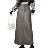Falda de Cuero PU Retro Otoño Invierno 2026 para Mujer, Versátil, de Cintura Alta, Adelgazante, de Longitud Media con Abertura, Falda de Corte A que se Ajusta a la Cadera