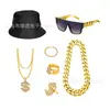 Traje de los 80 para Hombre Cosplay Hip Hop Punk Collar de Dólares Anillo Pendientes Gafas Sombrero de Pescador Traje