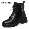Botas de Couro de Inverno Botas Femininas Mães Sapatos de Algodão Antiderrapante Salto Médio Botas de Cano Curto com Forro de Lã Botas de Algodão para Meia-Idade e Idosos Botas Martin Botas de Inverno