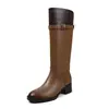 Botas de Motociclista Maillard Color Block de Piel de Vaca Completa Otoño/Invierno 2026 Tacón Medio Grueso Hebilla Punta Redonda Piel Genuina Caña Alta Largas para Mujer