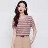 Tendencia de Moda Verano 2026 Seda de Hielo Nuevo Cuello Redondo Rayas Adelgazante Versátil Manga Corta Camiseta de Punto Top Moda Superior