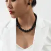 Colar Brincos Pérola Negra Imitação Estilo Europeu Americano Simples Retrô Corrente de Clavícula Colar da Moda Celebridade da Internet conjunto