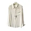 Camisa de Linho Lyocell Feminina Sensação Relaxada Leve Ligeiramente Transparente Camisa com Bolso na Lapela Cardigã com Proteção Solar Roupa para o Trabalho Feminina