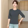 Camiseta de Manga Siete Cruzada con Cuello Redondo para Mujer Algodón Puro Capa Interior Primavera Verano Nuevo Estilo Capa Base Corte Ajustado Algodón Mercerizado Top para Mujer