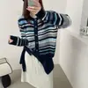 Cárdigan de punto a rayas con bloques de color para mujer, nueva prenda de abrigo de otoño e invierno, suéter versátil para mujeres petite, top de mujer estilo coreano