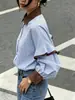 Camisa Top de Mujer Estilo Coreano Estilo Universitario Casual Holgada Rayada Manga Larga Colección Otoño 2026 Europea y Americana