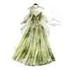 Vestido largo verde tipo tie-dye estilo resort francés para mujer, de verano, con cuello en V, tirantes, cinturón para ceñir la cintura, línea A, con un ambiente atmosférico