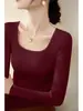 Camisa base de gola quadrada para mulheres, novo estilo outono e inverno 2026, slim fit, forrada com fleece, blusa de tricô de gola baixa