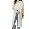 Blusa de Punto de Manga Corta con Cuello Redondo, Estilo Coreano de Verano, Crochet Hueco, Capas y Abertura Lateral, Longitud Media para Mujer