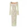 Vestido Largo de Encaje Cuadrado con Mangas Largas Estilo Chica Picante 2026 Otoño Nuevo Sexy Ajustado con Abertura Temperamento Ceñido a la Cadera