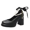 Sapatos de Couro Genuíno Macio Salto Grosso Elegante Laço Salto Alto Feminino 2024 Novo Estilo Francês Retrô Sapatos Mary Jane Feminino