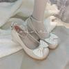 Sabor a Matcha Leche Congelada Dulce Primavera y Verano Nuevos Zapatos de Cuero Suave con Hebilla Punta Redonda Lazo Tacón Grueso Tacón Medio Zapatos de Una Sola Capa