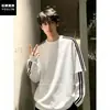 Moletom blocos de cor listrado preto falso duas peças para homens, camiseta de algodão puro emendada com fio duplo, blusa de manga comprida estilo jovem