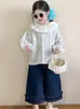2025 Otoño Nuevo Estilo Coreano Ropa Infantil Niñas Solapa de Hoja de Loto Babydoll Cuello de Muñeca Camisa Encaje Jeans