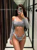 Nuevo Conjunto de Bikini de Rayas Retro para Vacaciones en la Playa, Traje de Baño de Dos Piezas de Manga Larga, Estilo Ins de Nicho, Bikini que Aclara la Piel