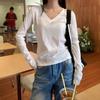 Camiseta interior blanca con cuello en V para mujer, otoño e invierno, holgada, corta, de color liso, ajustada, de manga larga, 2024