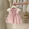 Vestido de Verão 2025 para Meninas Doce Renda Manga Bufante Vestido Princesa Saia Infantil Meninas Rosa Vestido de Boneca Moderno