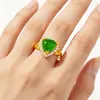 Venta Caliente Anillo de Jade Verde con Corazón Hueco Abierto Anillo Chapado en Oro Jaspe de Hotan con Zircón Incrustado en Forma de Corazón Regalo