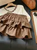 Mini saia de camurça franzida estilo vintage para mulheres, nova saia de outono de cintura alta emagrecedora em linha A com camadas tipo bolo