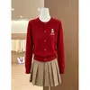 Cárdigan de punto floral bordado en rojo estilo coreano, un top elegante y versátil con cuello redondo