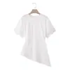 Camiseta de encaje asimétrica de manga corta con cuello redondo de verano para mujer estilo europeo y americano 7057