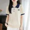Camiseta de punto con cuello de solapa de color block estilo universitario, manga corta de seda helada, top de punto para mujer, verano, fino, holgado, transpirable, polo, top con temperamento