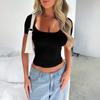 Di Yun Cross-Border Primavera/Verão 2026 Amazon Europeu e Americano Y2K Cor Sólida Gola U Sexy Slim Fit Cropped Manga Curta Camiseta Feminina