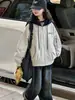 Chaqueta de trabajo estilo americano para niñas, nuevo modelo otoño 2026, cárdigan con capucha y cremallera, bloques de color e estampado de letras para niños mayores